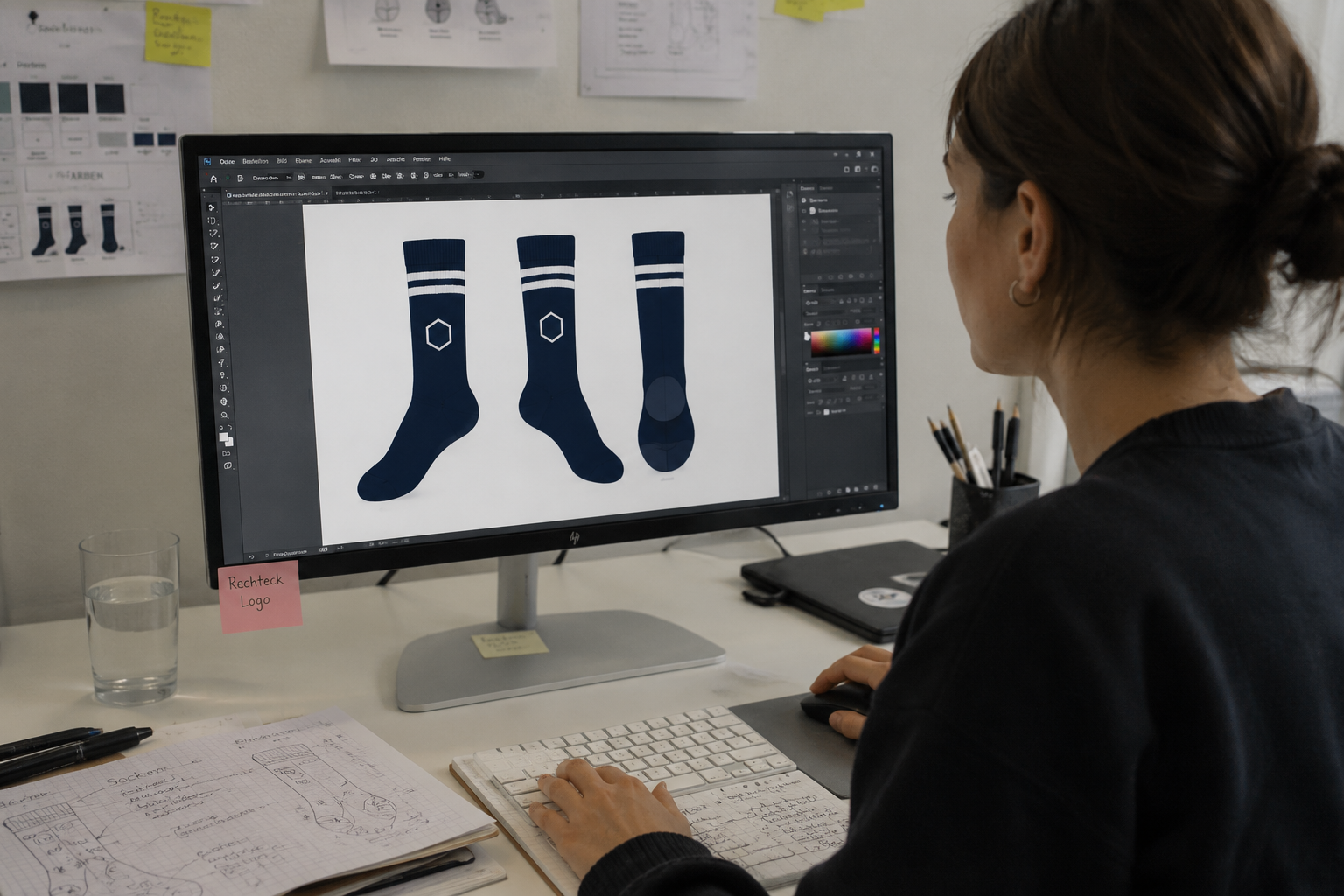 Exemple de mockup : designer créant un design de chaussette personnalisé